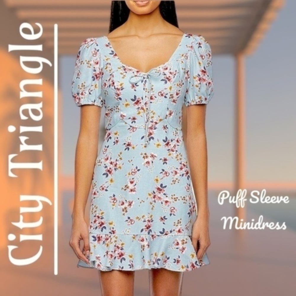 CITY TRIANGLE Juniors Short Puff Sleeve A-Line Floral Minidress